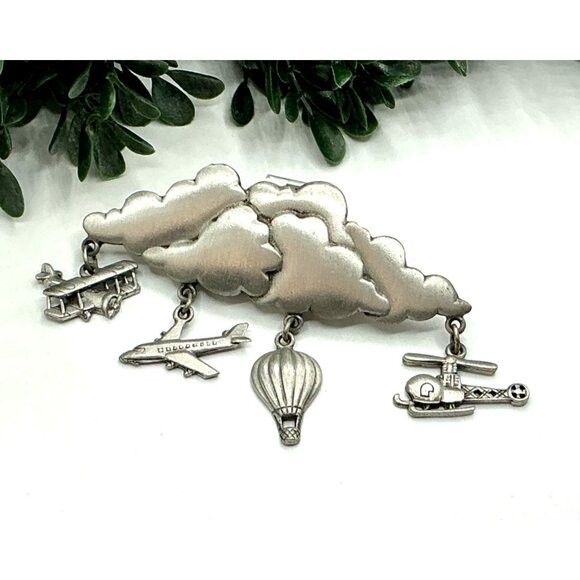 Aviation-Themed Pewter Brooch With Cloud and Aircraft Charms - Picture 1 of 3